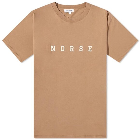 Norse Projects Men's Johannes Varsity Logo T-Shirt in Camel Small - Picture 2 of 8